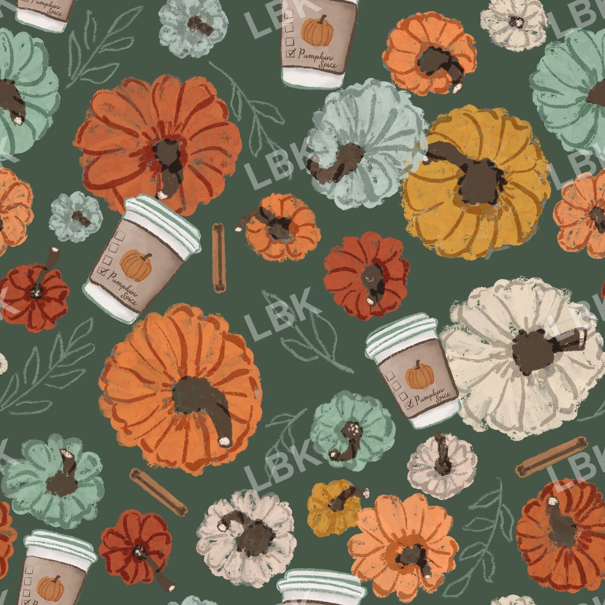 Pumpkins and pumpkin spice latte dark green