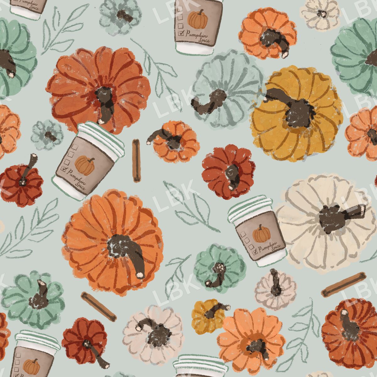Pumpkins and pumpkin spice latte light sage