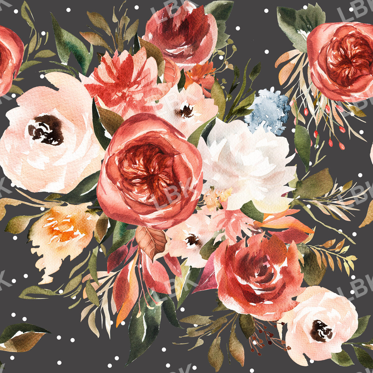Burnt Umber and Apricot Peach Florals on Charcoal