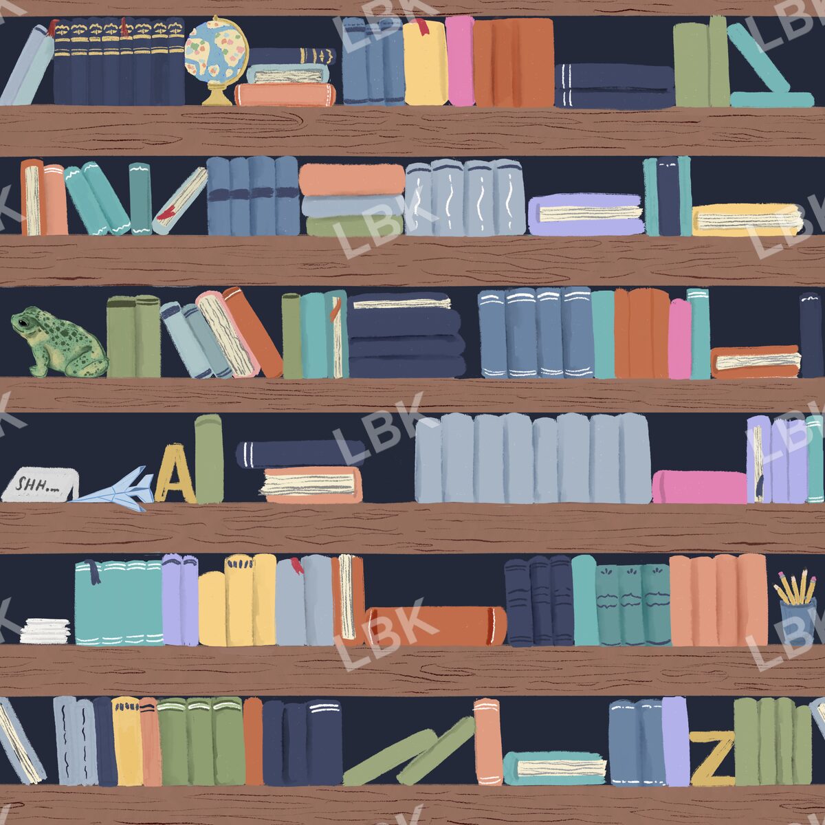 Once upon a library shelf no book labels navy blue