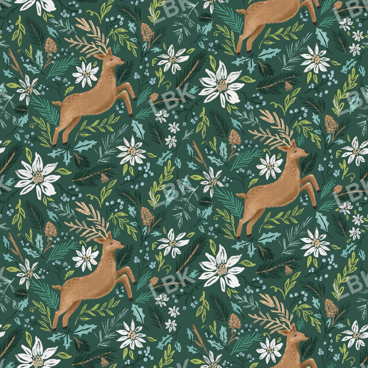 Deer in the pines with white floral