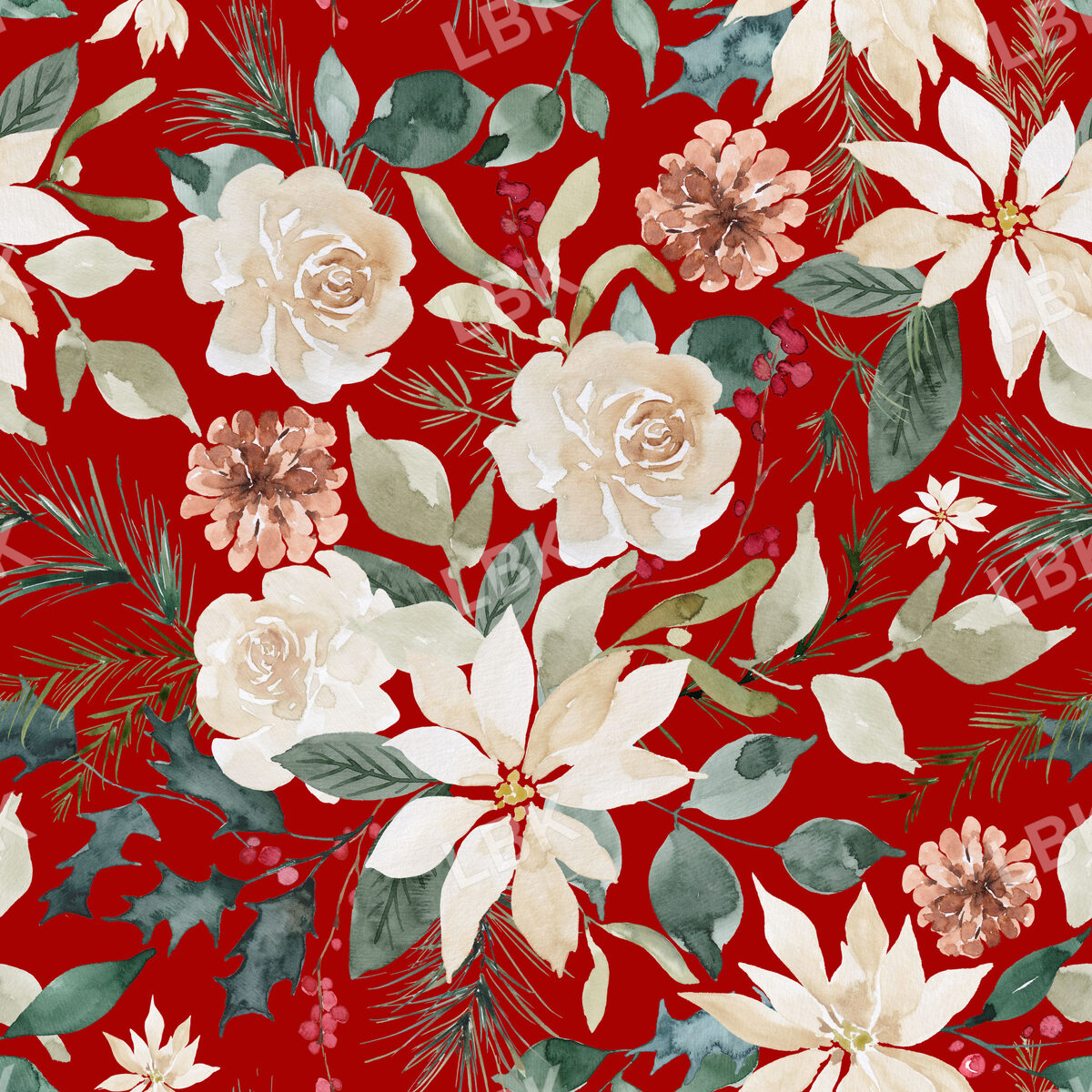 Christmas Poinsettia Pine and Berry on Red