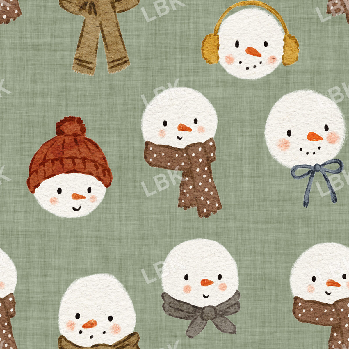 Watercolor Snowmen Earth Tones Sage Green