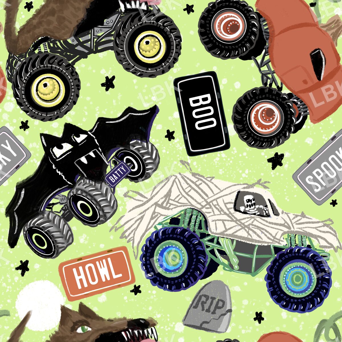 Spooky monster trucks bright green