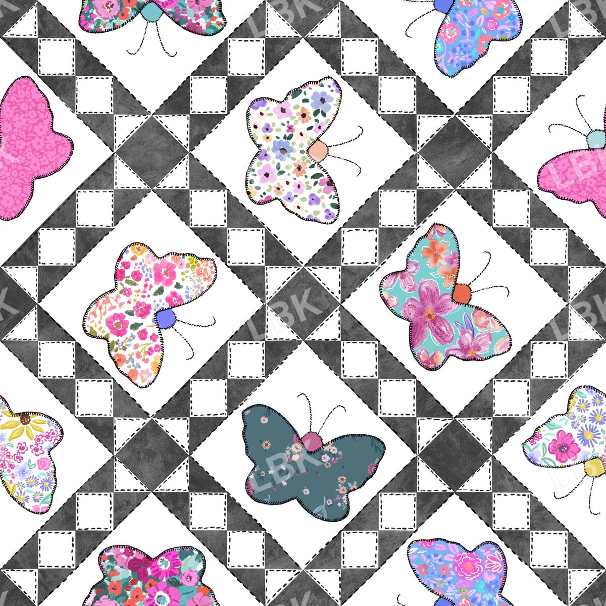 Butterfly season geometric patchwork black and white