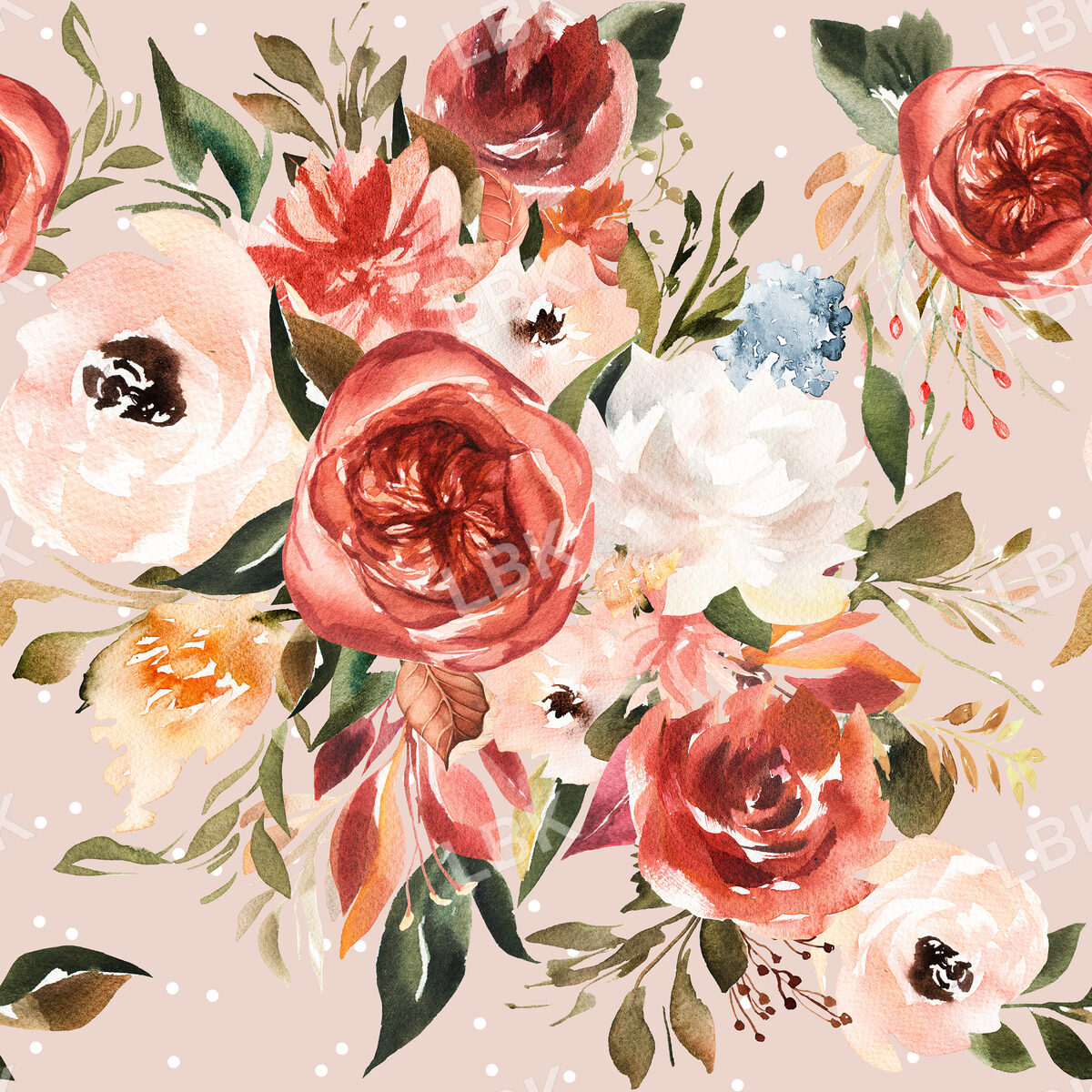 Christmas Red and Peach Florals on Bone