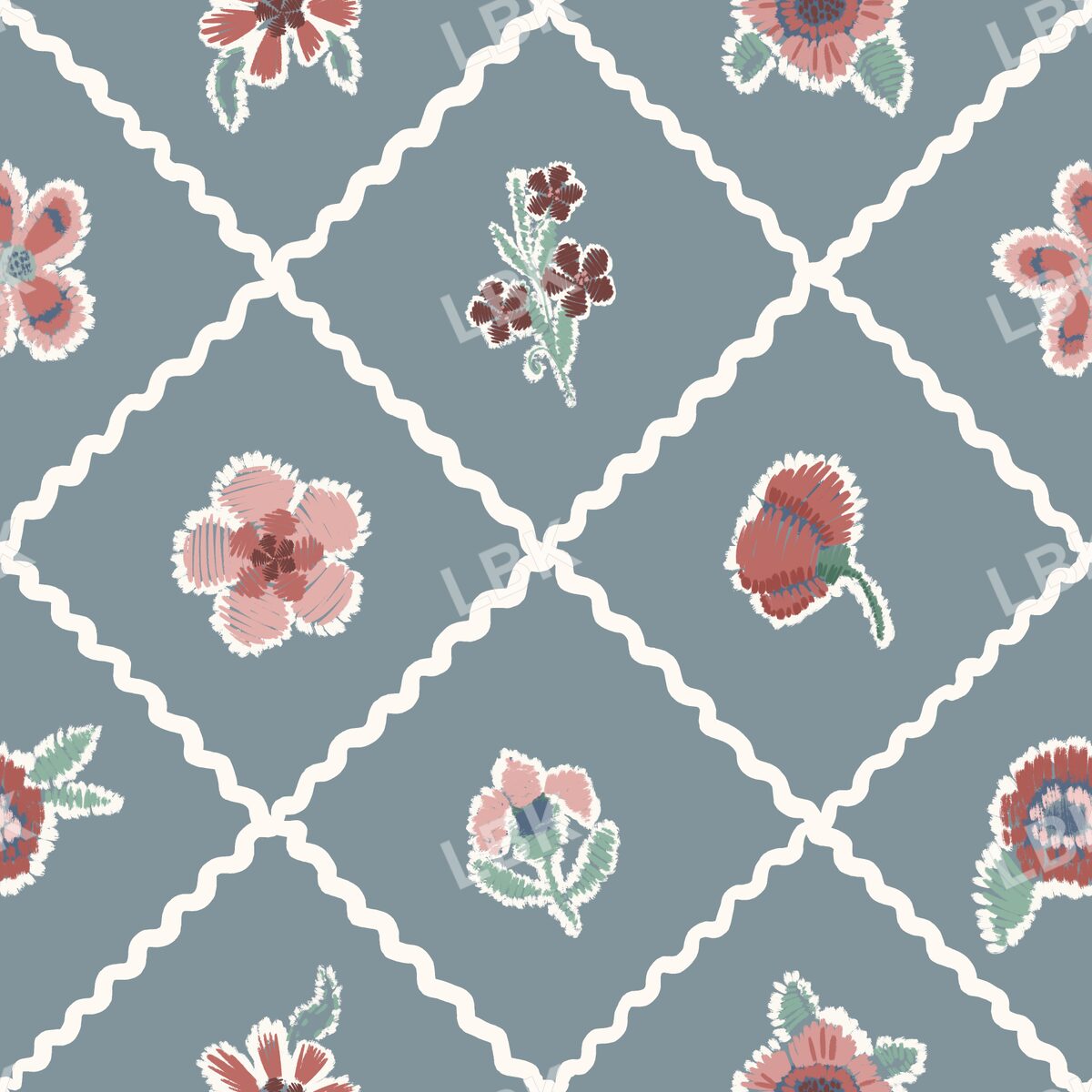 Rick rack and posies chambray blue