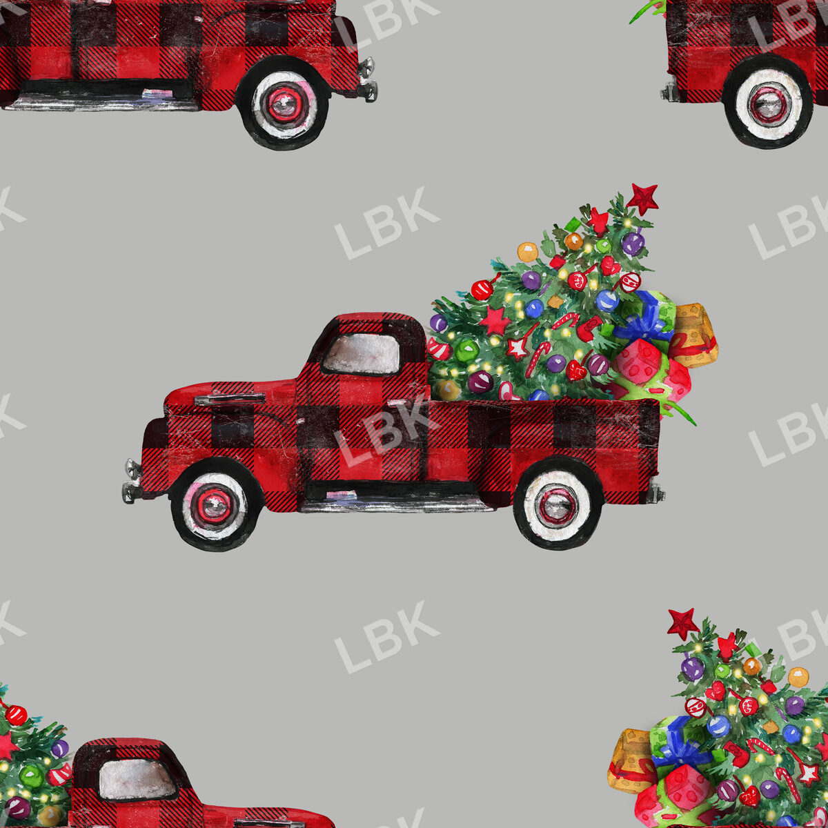 Vintage Woodland Red Truck and Christmas Tree on Gray