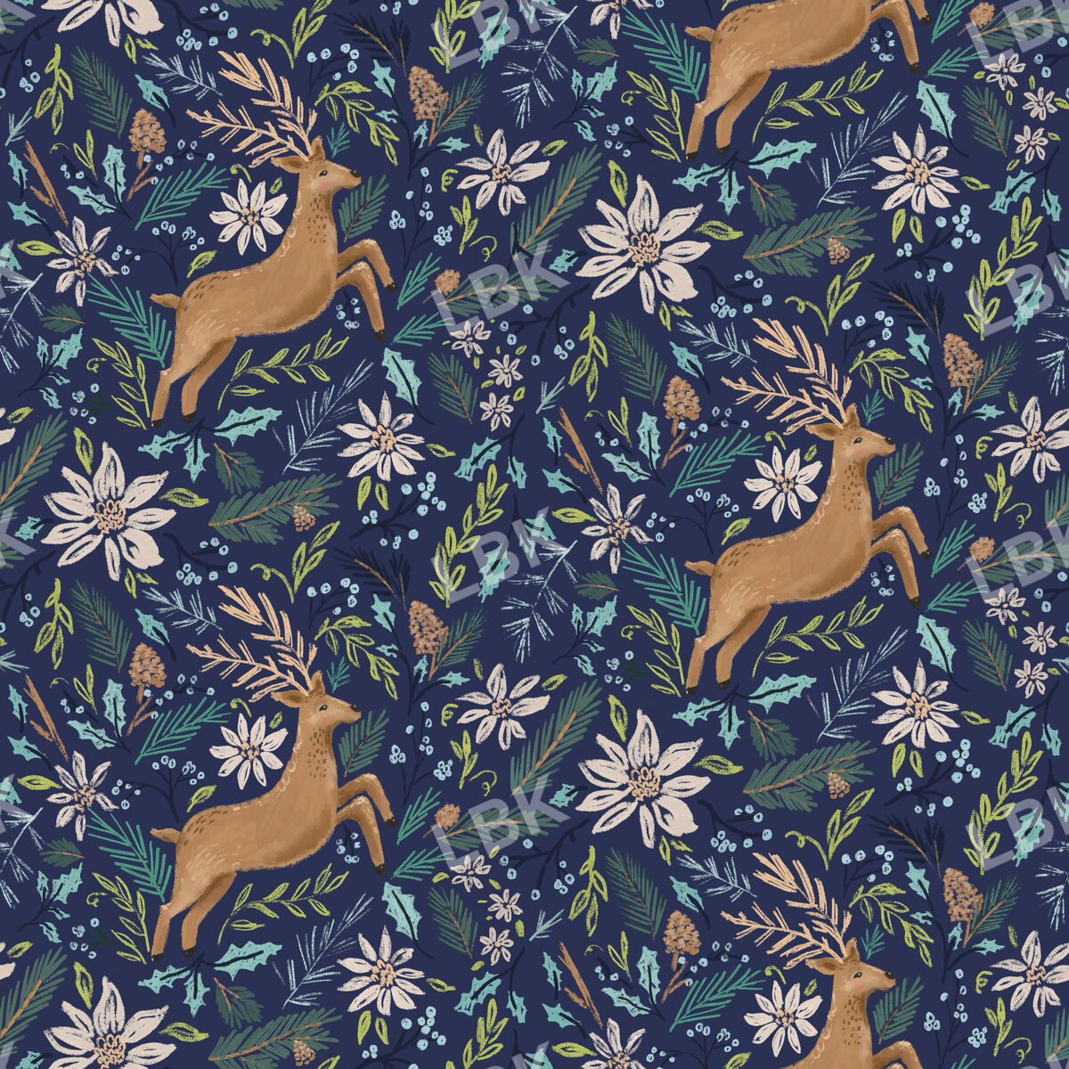 Deer in the pines with tan floral navy blue