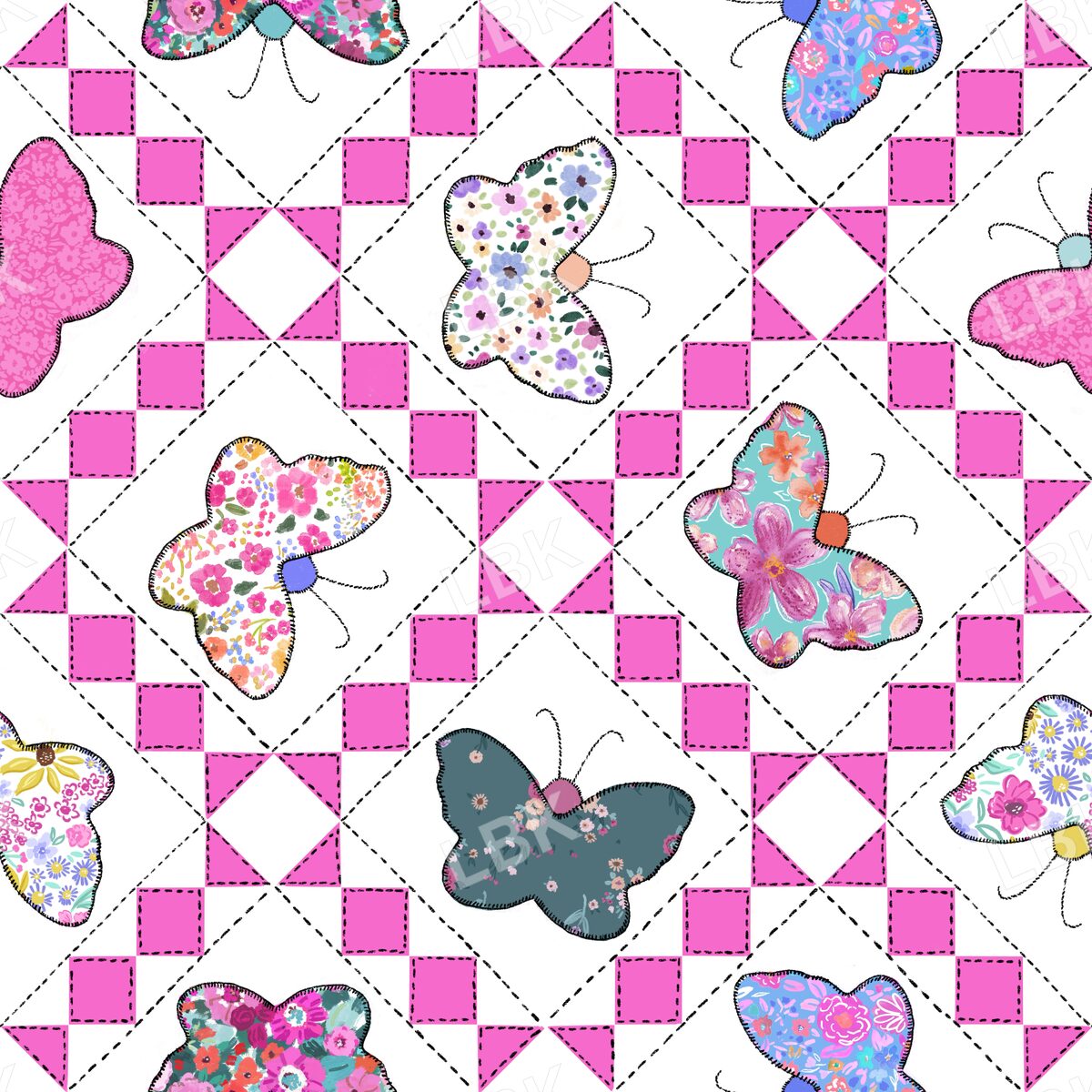 Butterfly season geometric quilt white pink