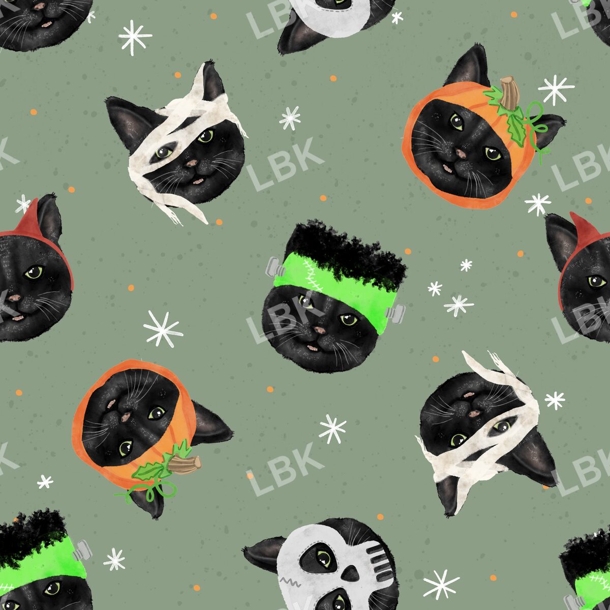 Meowlloween tossed cats sage green