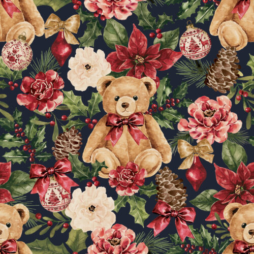 Mistletoe Manor Teddy Bear Floral Navy Blue