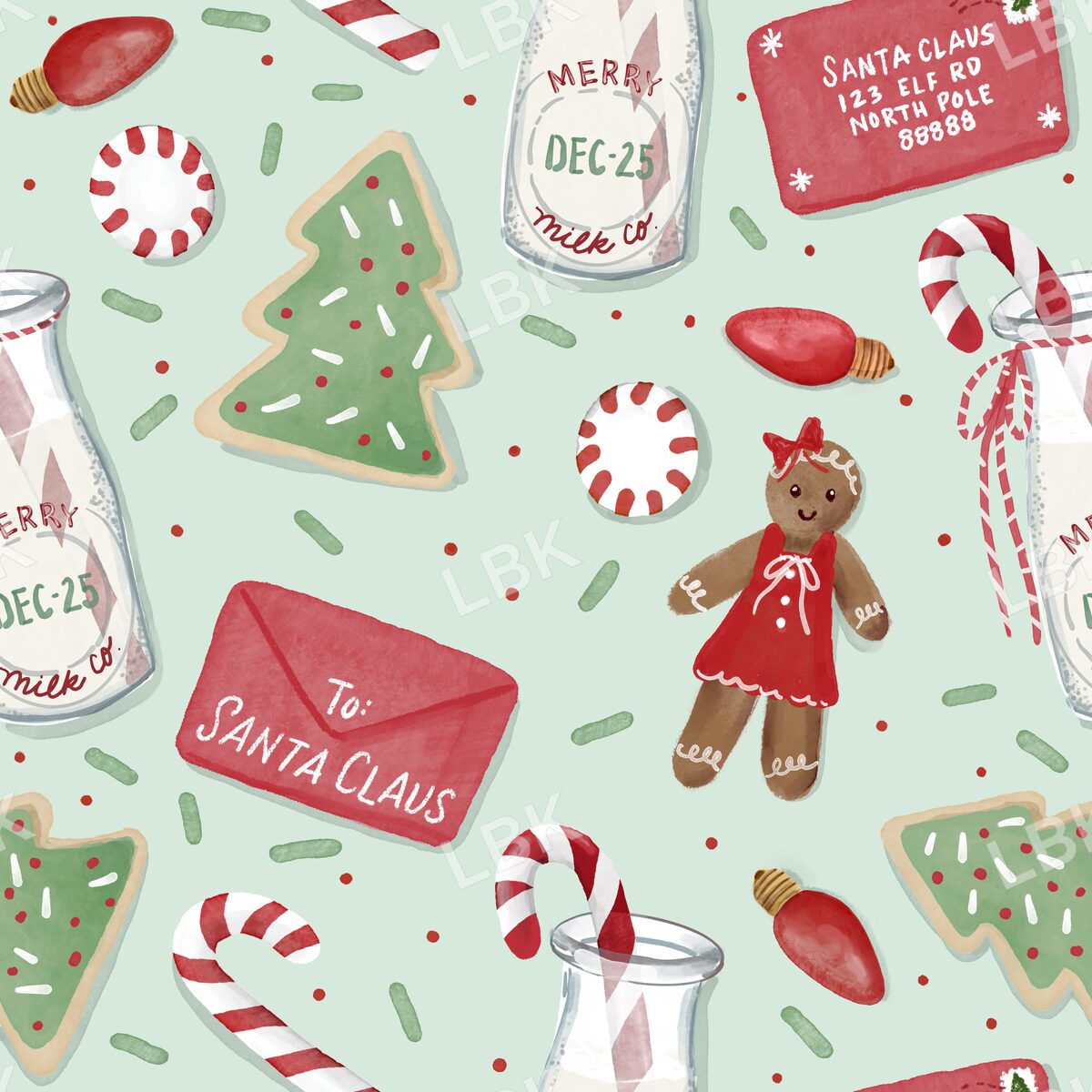 Cookies milk and Santa letter gingerbread girl mint green