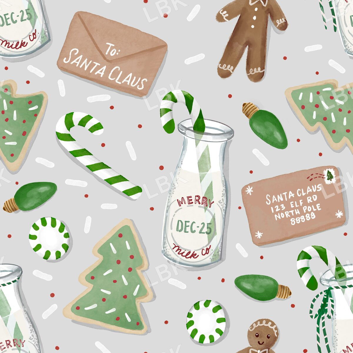 Cookies milk and Santa letter gingerbread boy light gray green