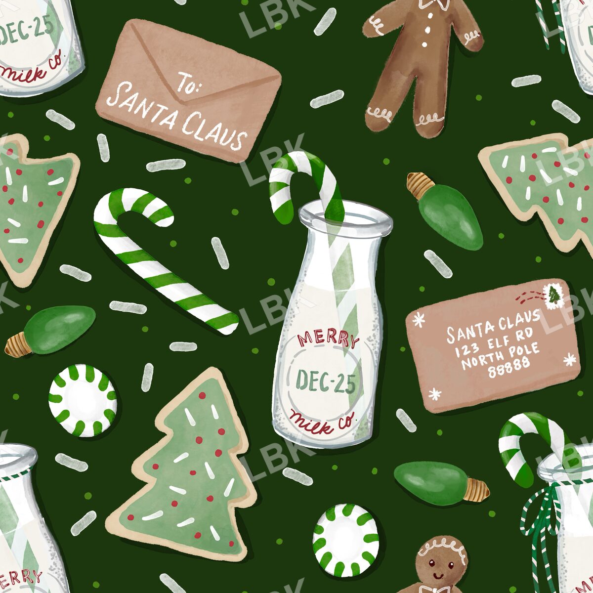 Cookies milk and Santa letter gingerbread boy dark green brown