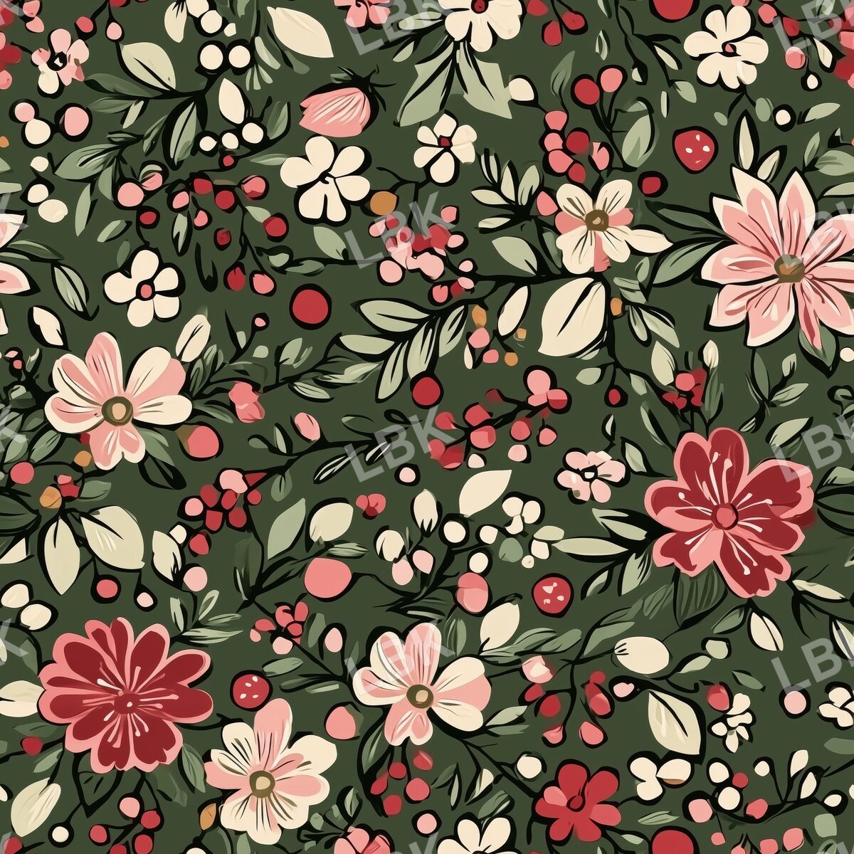 Green Christmas Retro Floral