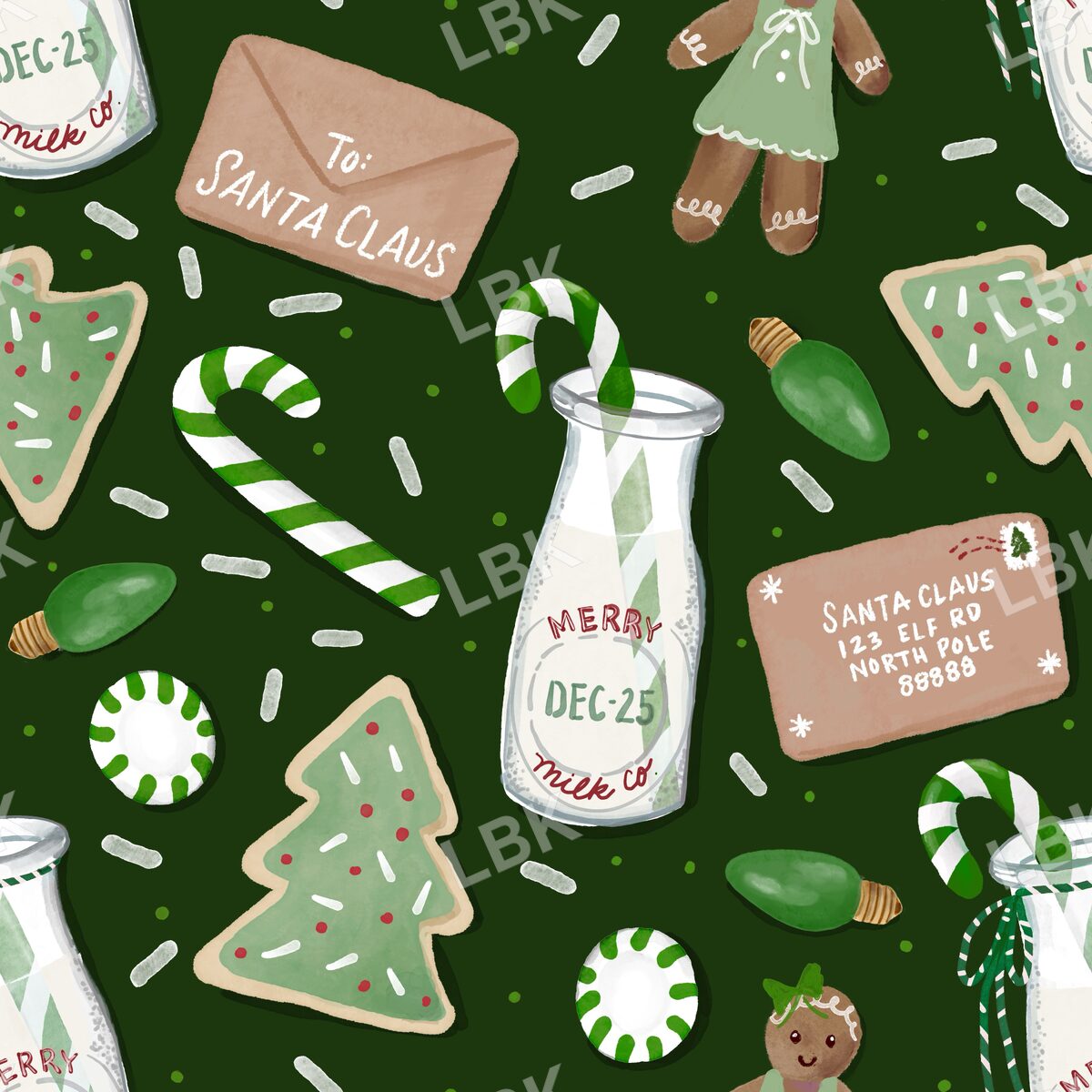 Cookies milk and Santa letter gingerbread girl dark green brown