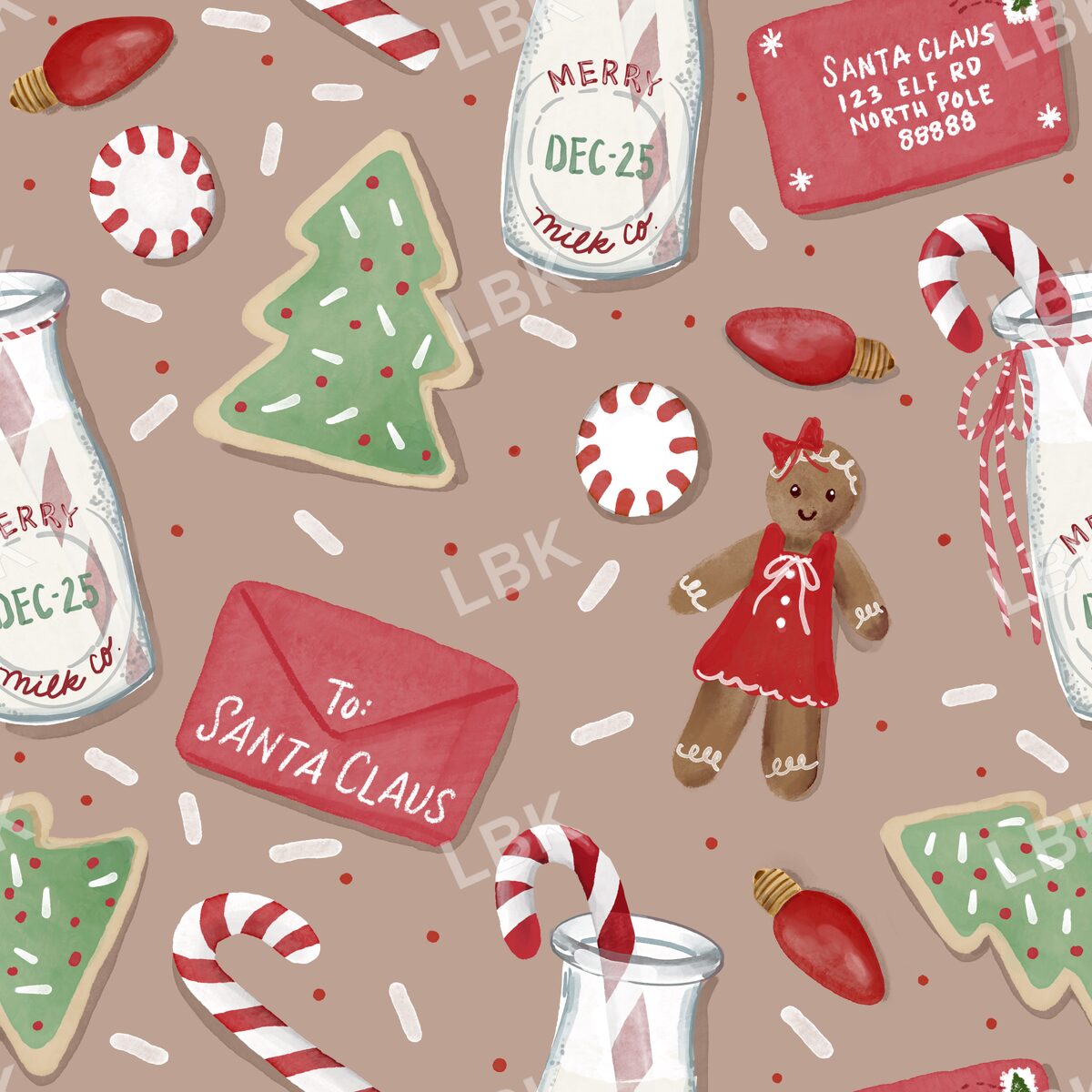 Cookies milk and Santa letter gingerbread girl brown