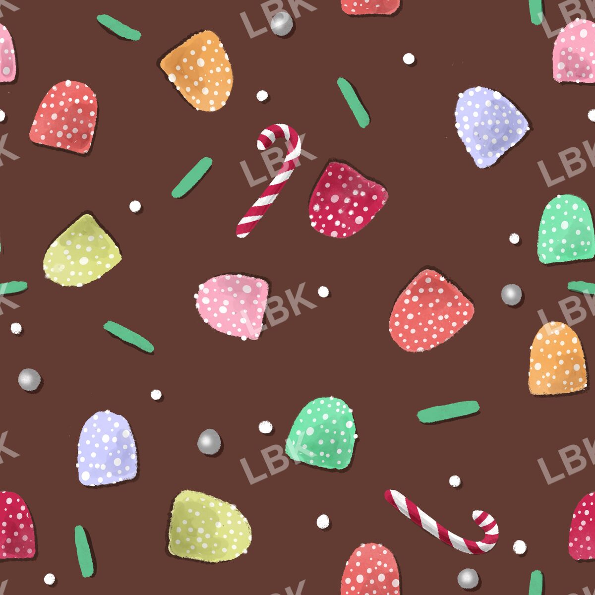 Scattered gumdrops and sweets dark brown