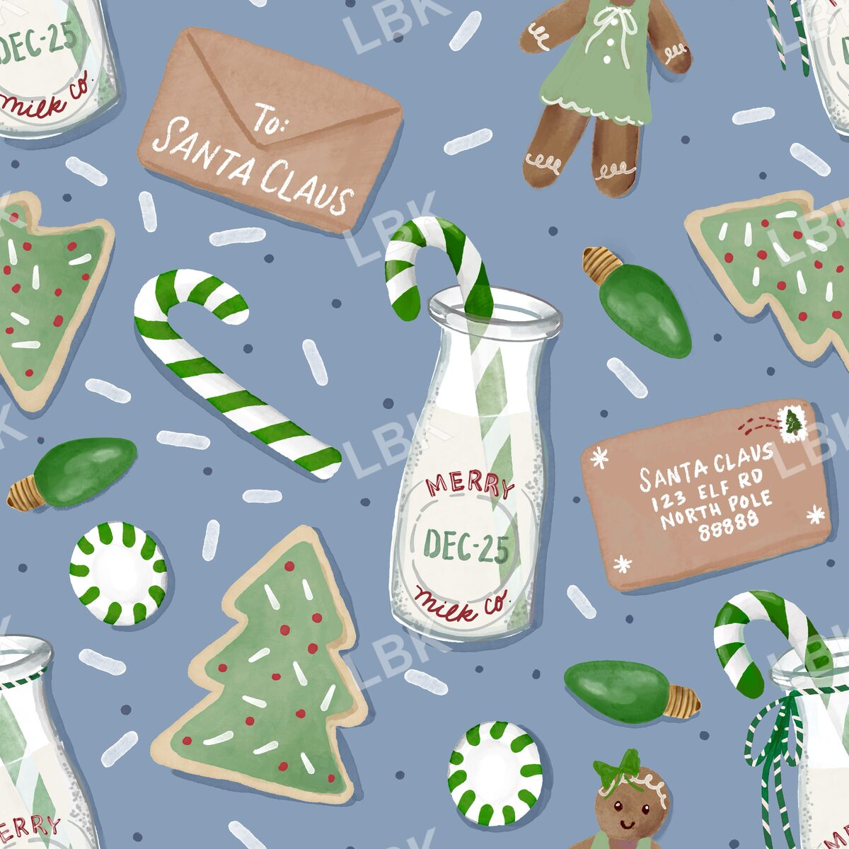 Cookies milk and Santa letter gingerbread girl blue and green