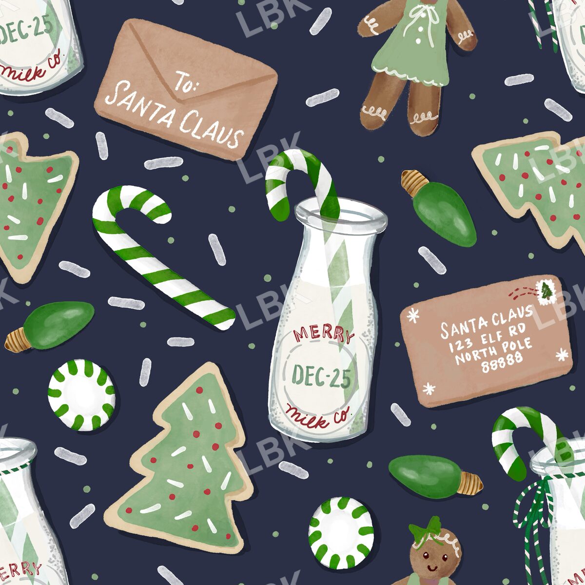 Cookies milk and Santa letter gingerbread girl navy blue brown