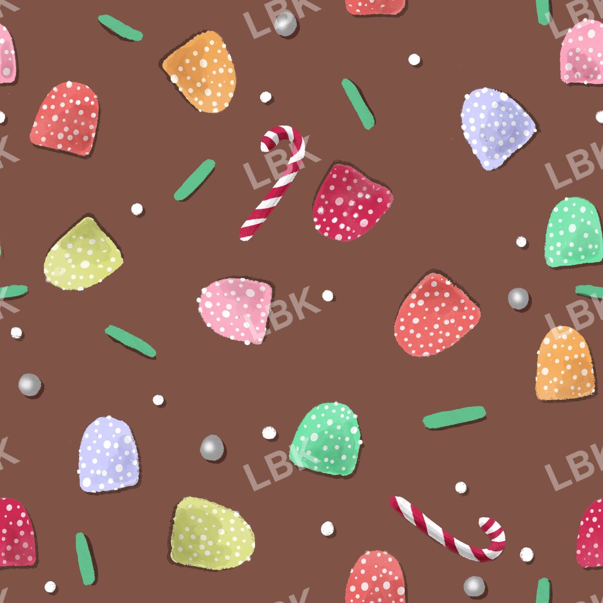 Scattered gumdrops and sweets brown