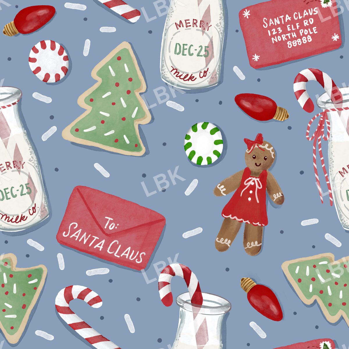 Cookies milk and Santa letter gingerbread girl blue
