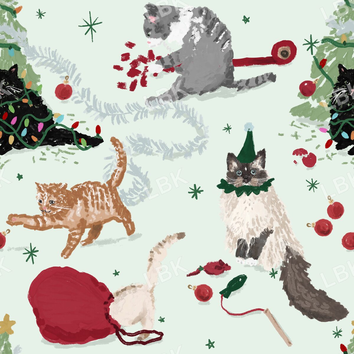Christmas cats vintage green