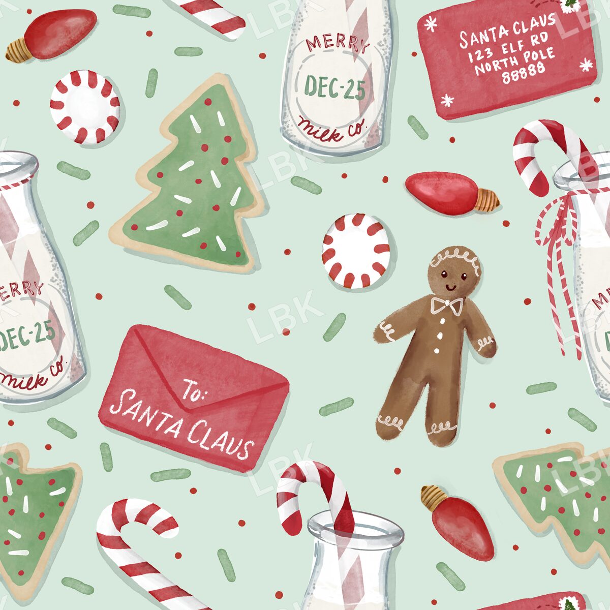 Cookies milk and Santa letter gingerbread boy mint green