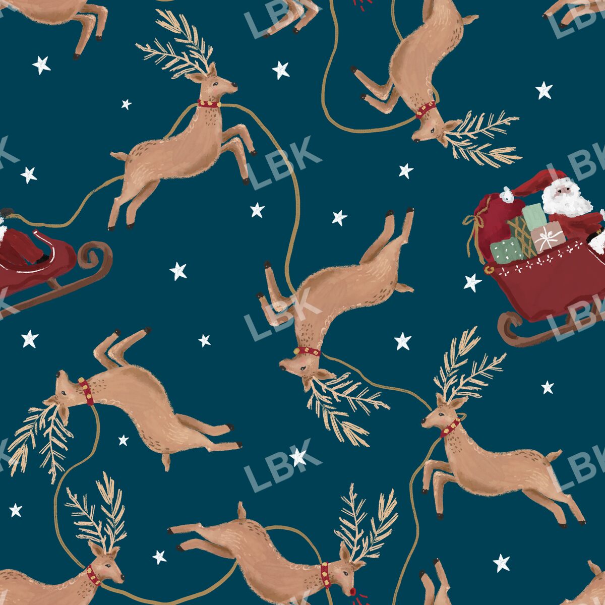 Santa and his reindeer teal sky 24x24