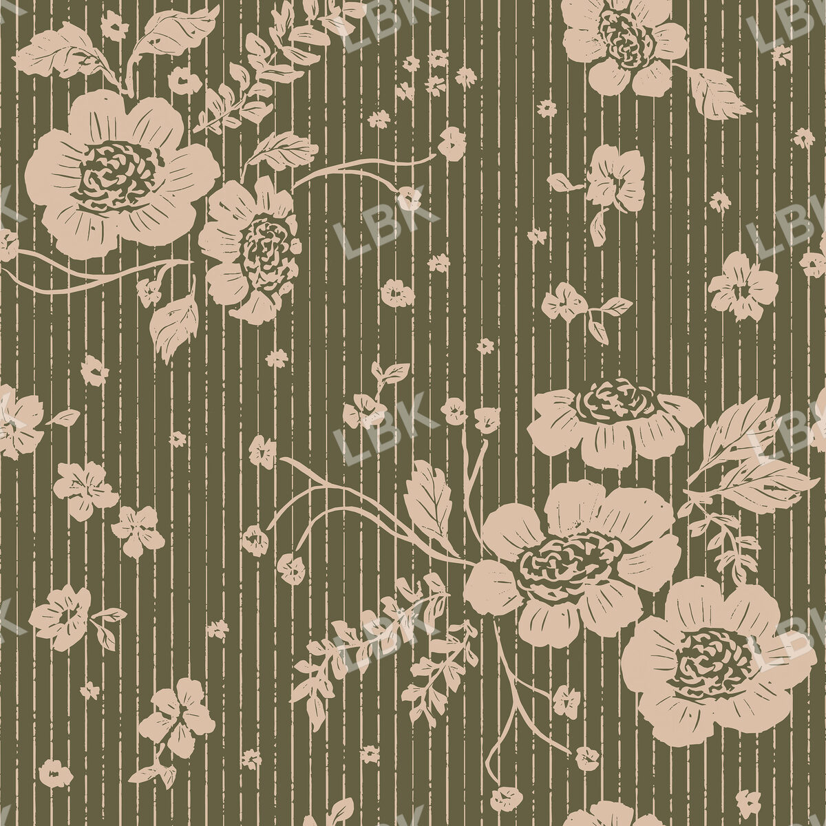 Pinstripe Vintage Floral on Deep Green