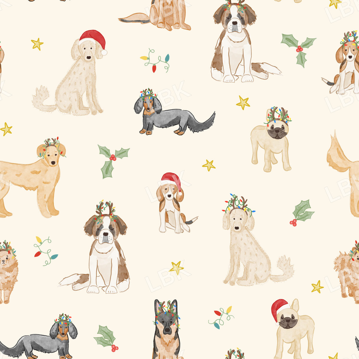 Christmas dogs and stars -cream