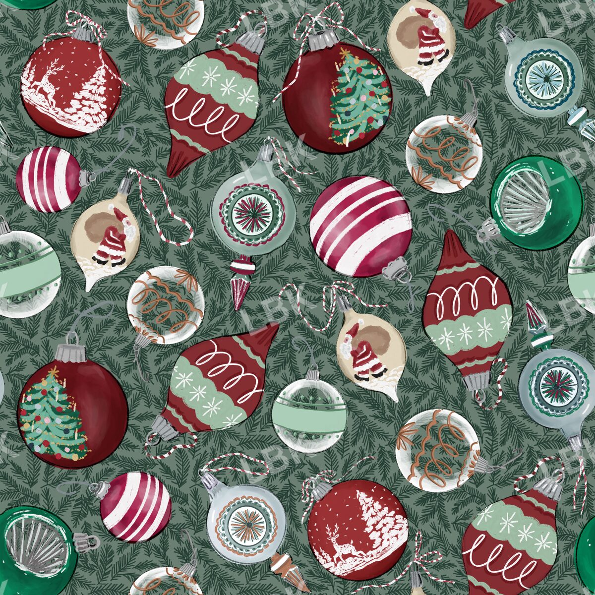 Vintage ornaments on christmas pine branches dark green and sage