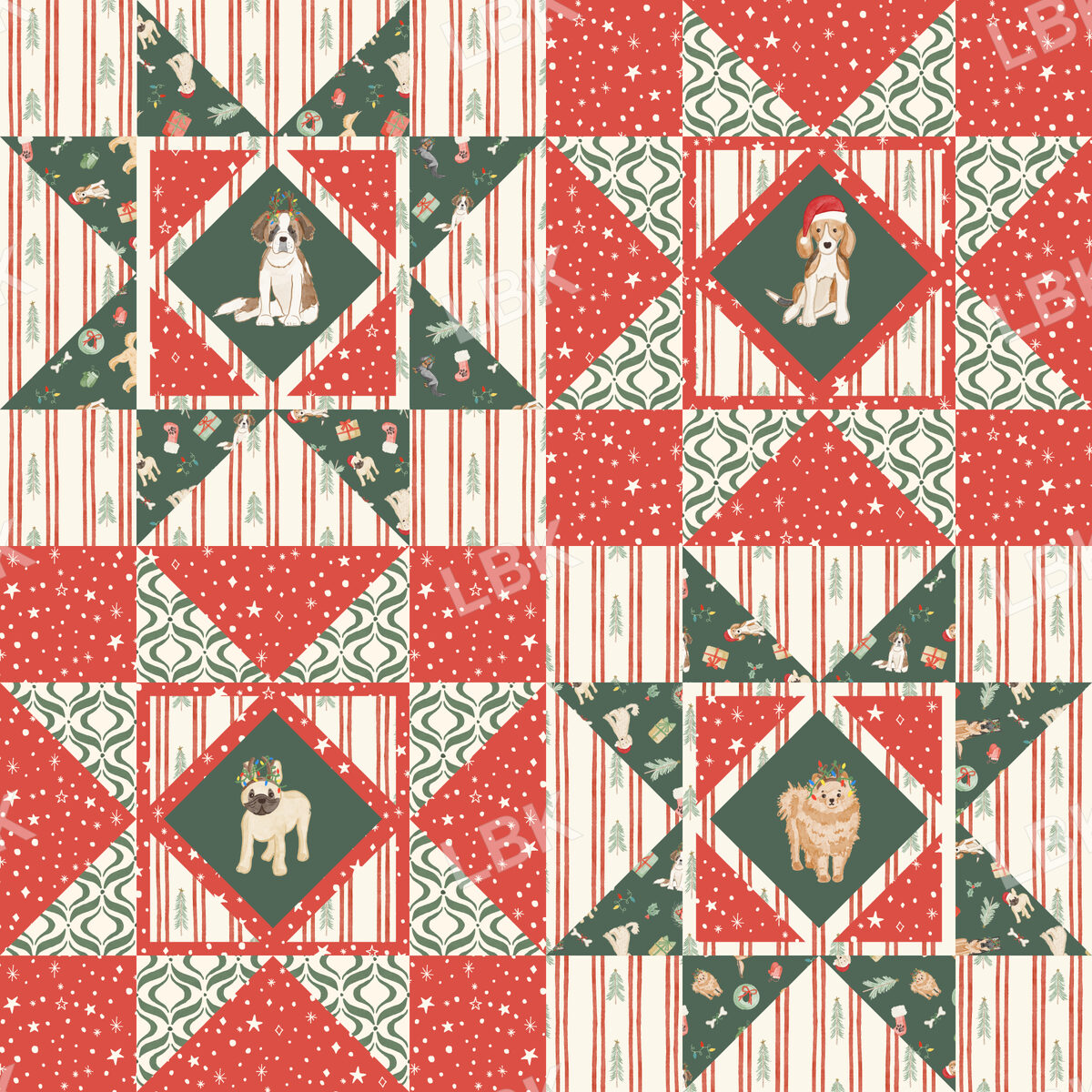 Christmas dog patchwork sawtooth stars - red