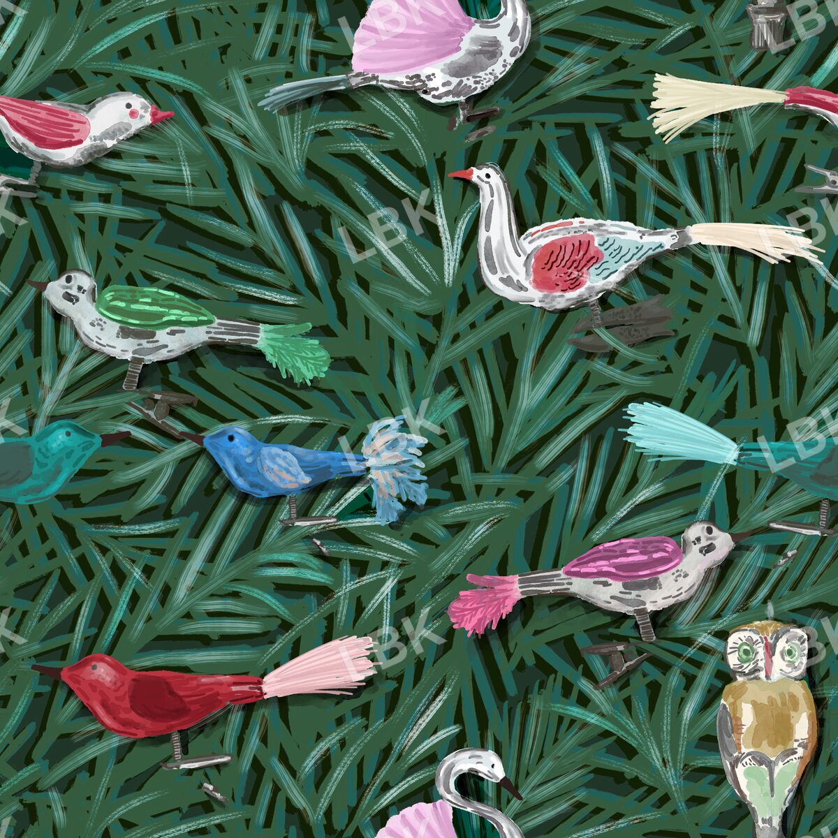 Dark green tree with Vintage bird ornaments
