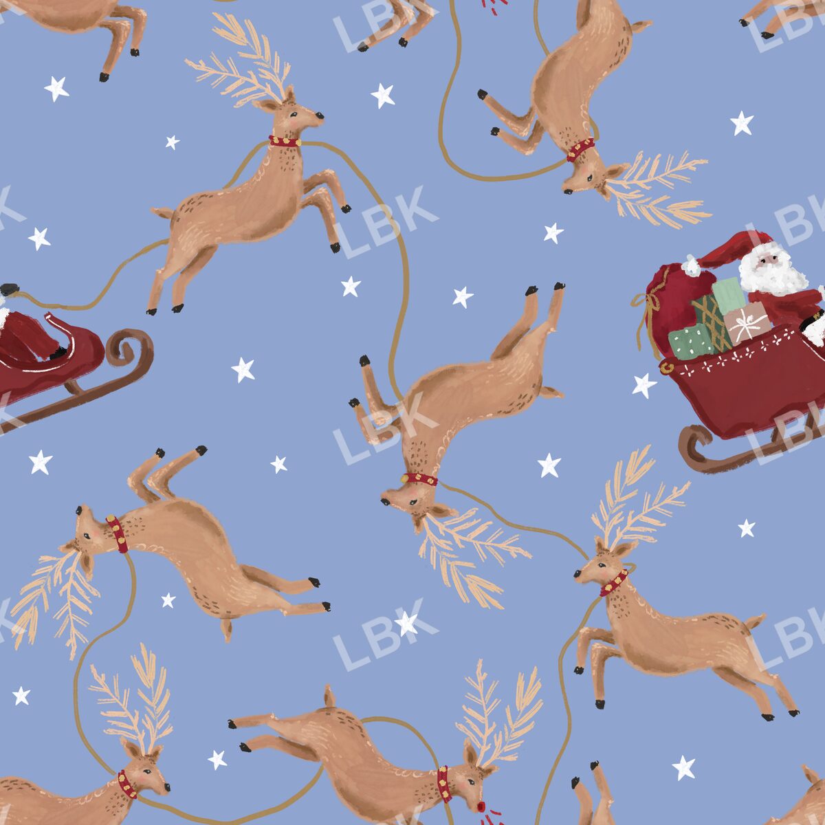 Santa and his reindeer blue sky 24x24