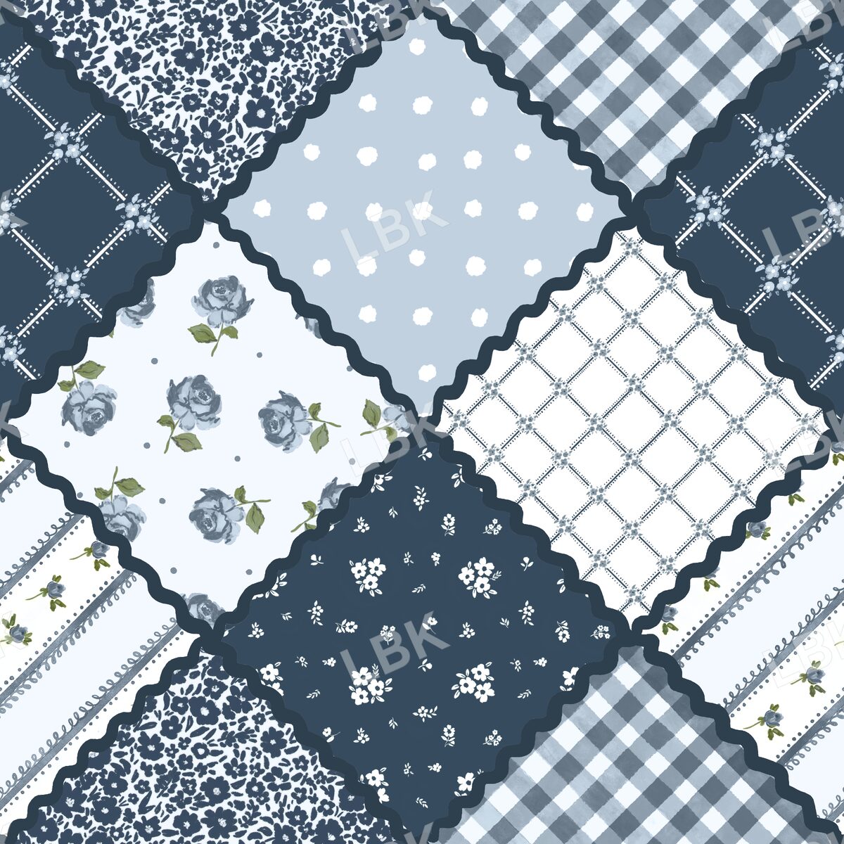 Rick Rack roses and floral patchwork blue