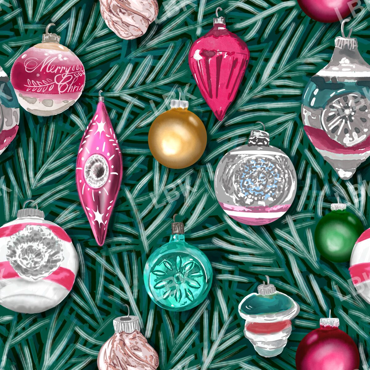 Evergreen with vintage ornaments - balsam green