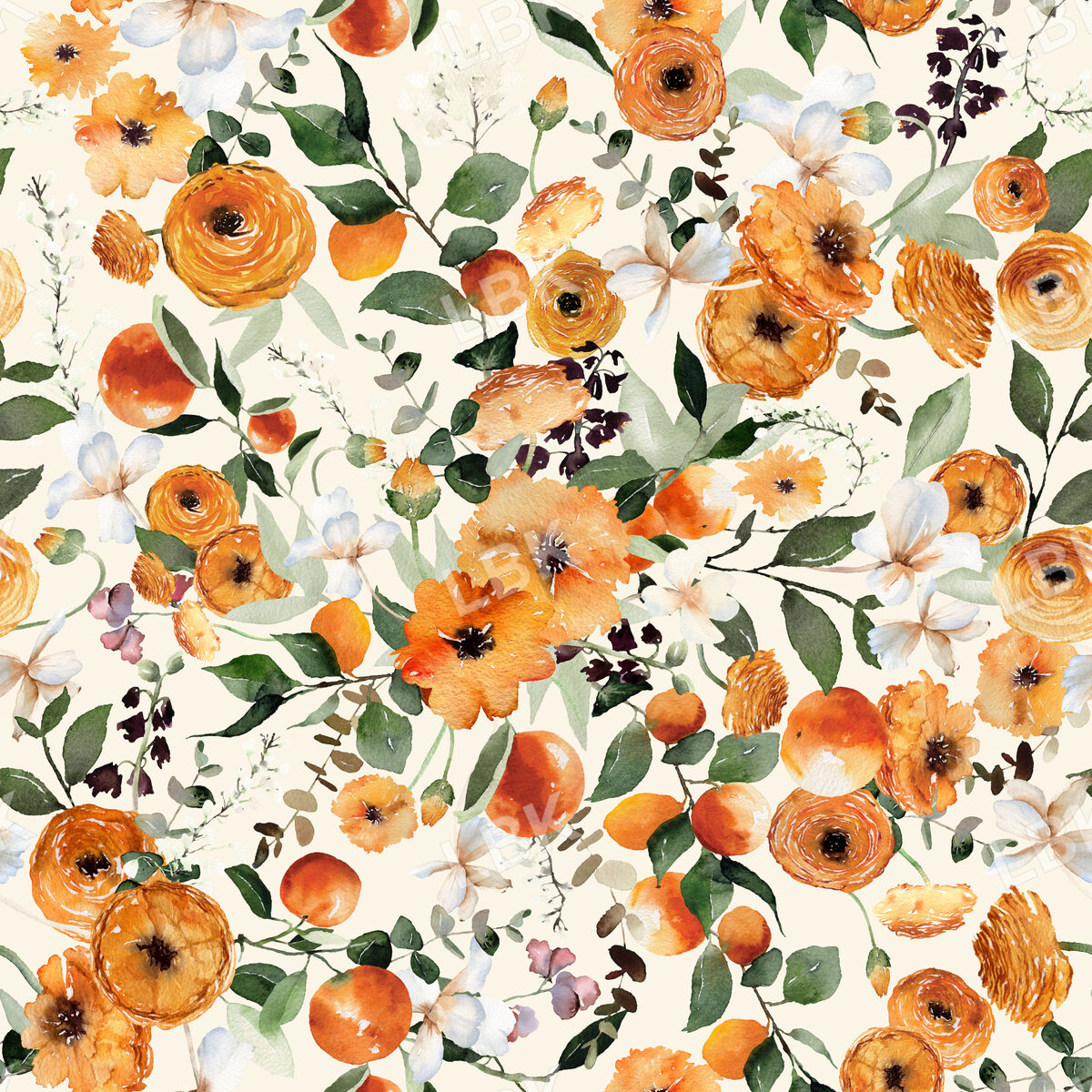 Orange Crush Florals on Bone