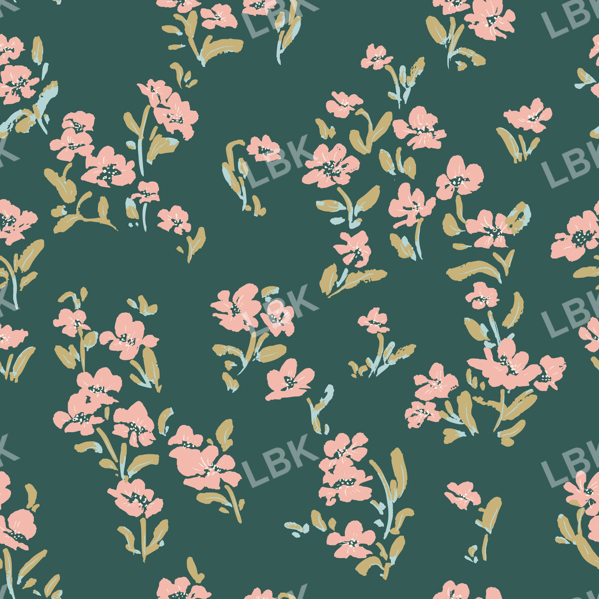 Vintage Floral Scatter on Deep Green Blue