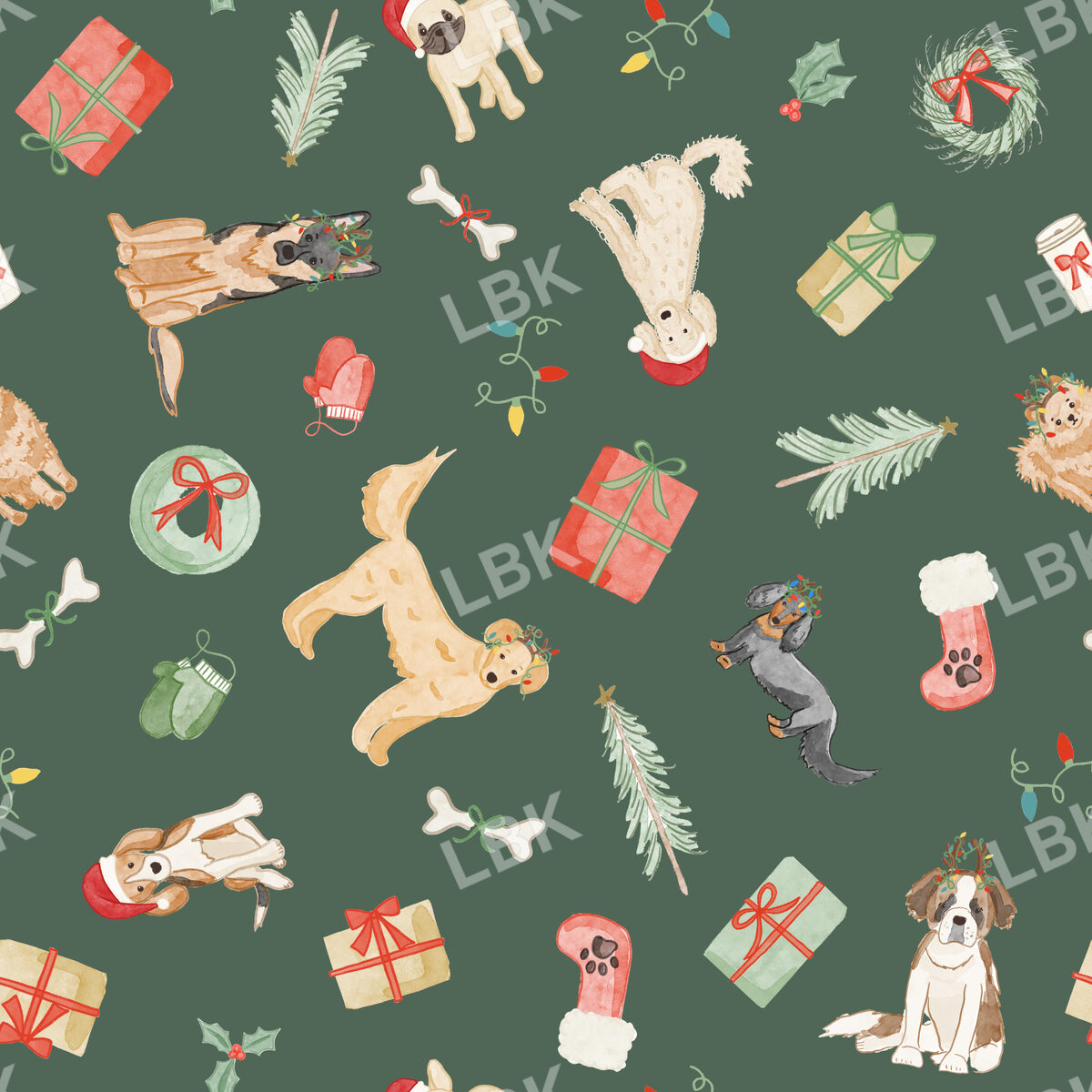 Christmas dogs tossed -dark green