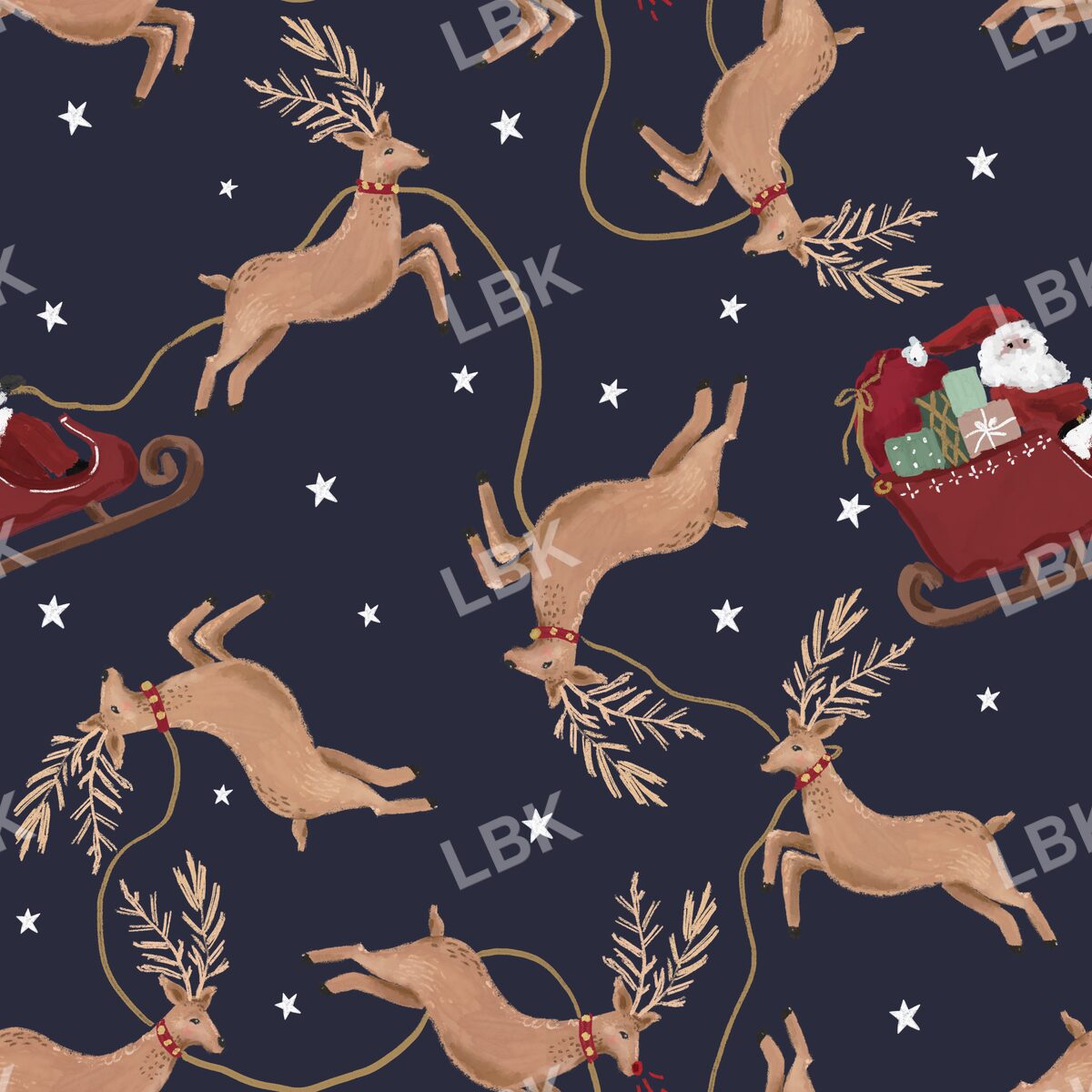 Santa and his reindeer soft navy sky 24x24