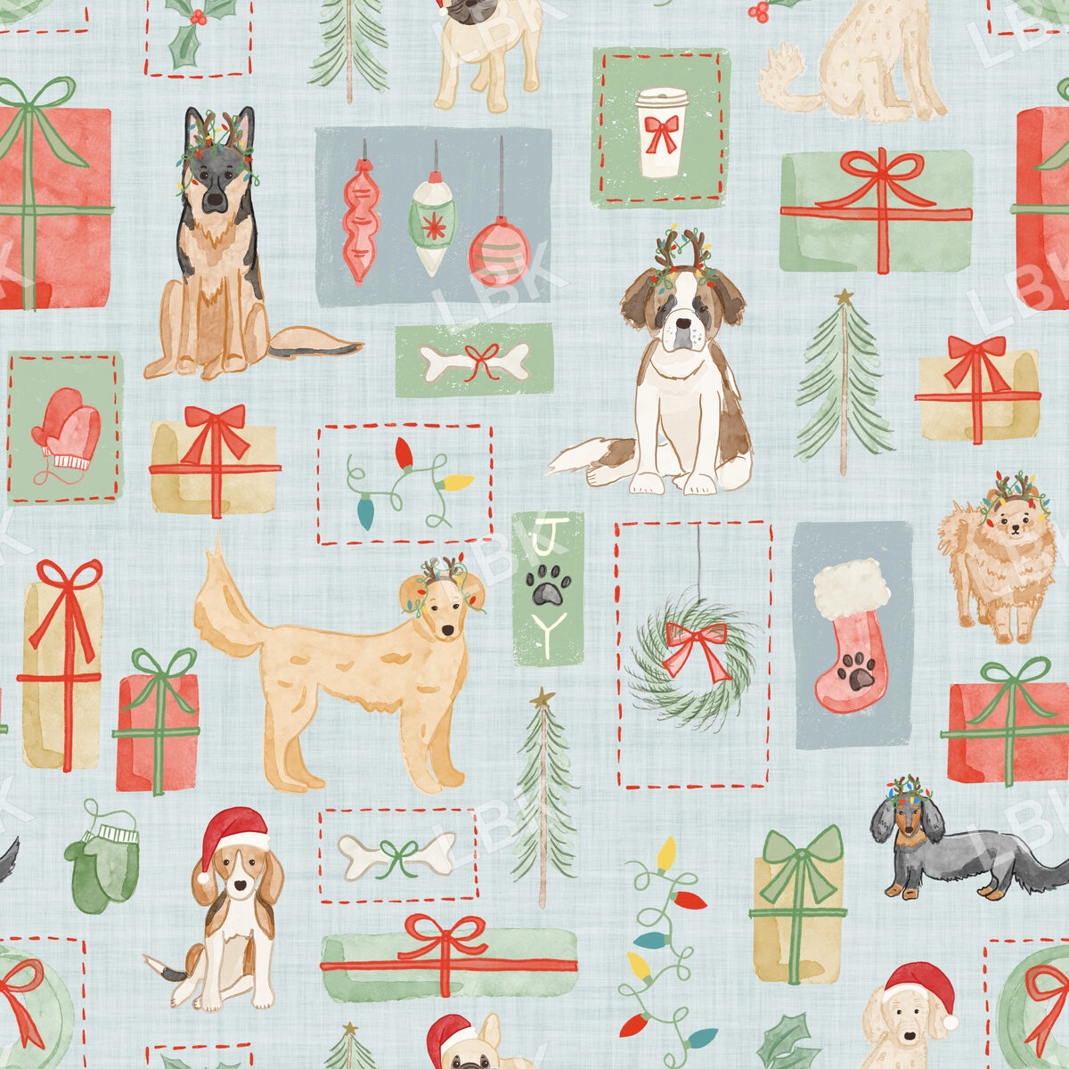 Christmas dog patchwork - light blue linen