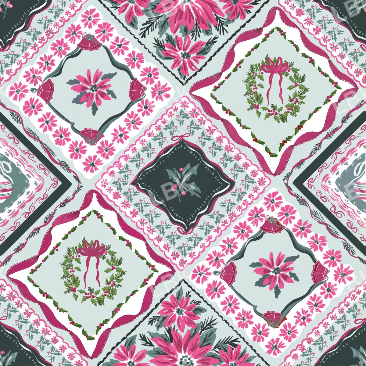 Christmas botanical vintage handkerchief pink and mint green