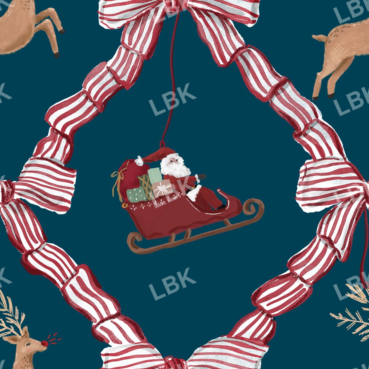 Santa and reindeer coquette teal sky