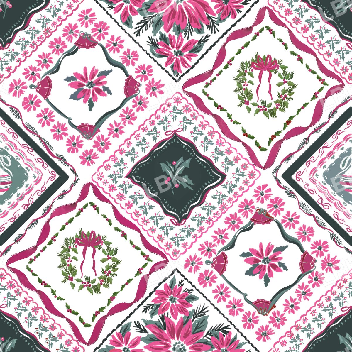 Christmas botanical vintage handkerchief pink and white