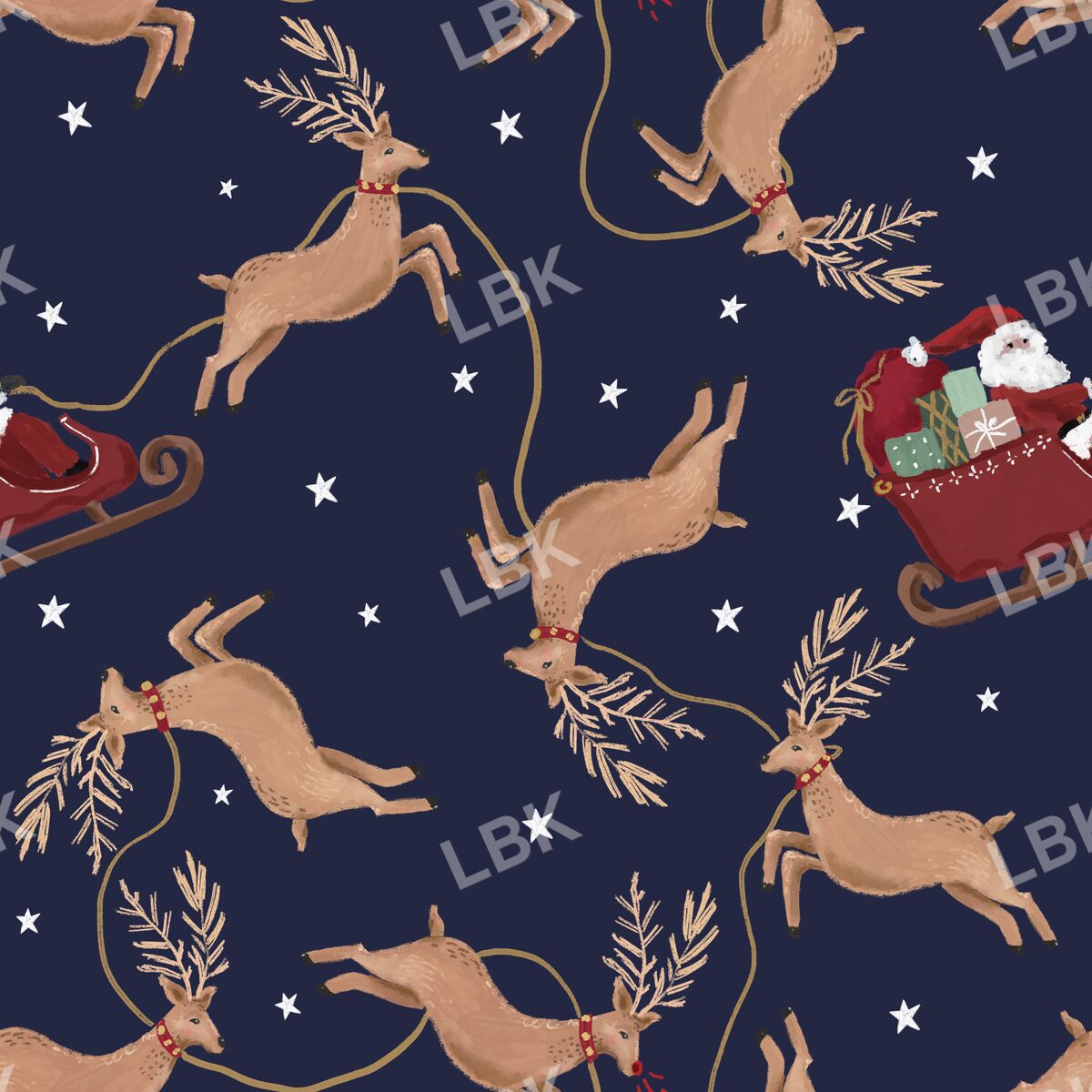 Santa and his reindeer navy sky 24x24