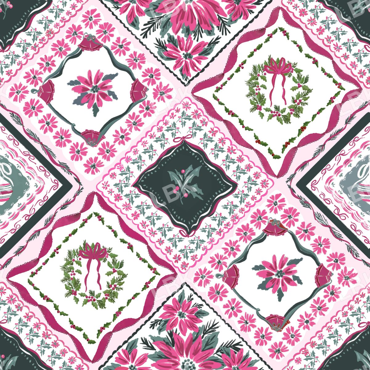 Christmas botanical vintage handkerchief pink