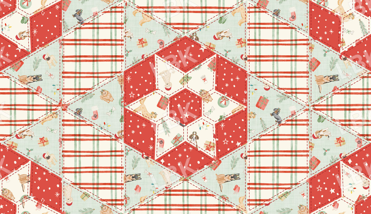 Christmas dog patchwork hexagon stars - red