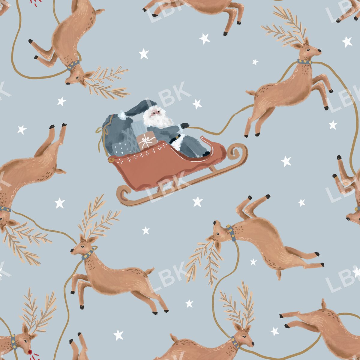 Santa and reindeer in flight Lt blue 24x24